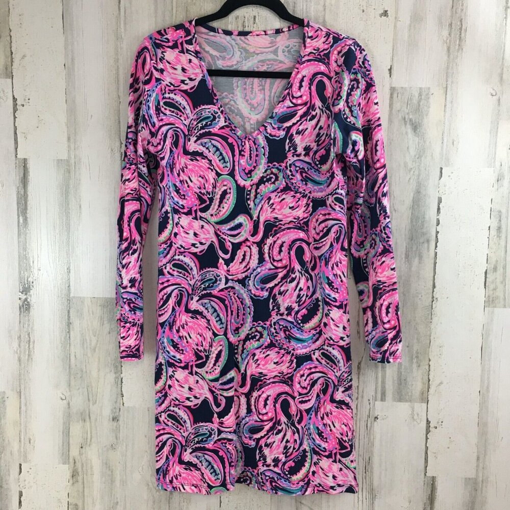 EUC Lilly Pulitzer S Etta Long Sleeve Dress Flock to the Top Flamingo